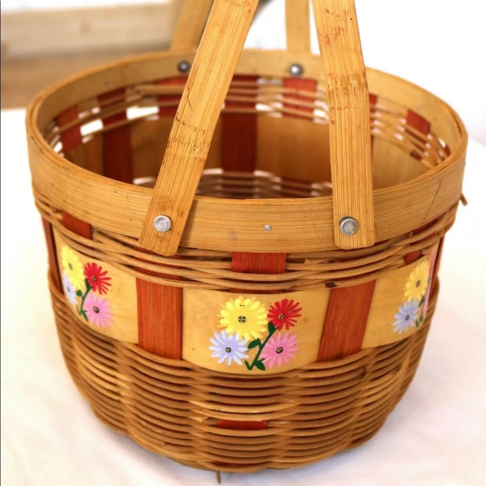 Painted 🌸 Split Oak Basket Double Hinged Handles